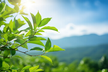 Obraz premium Image of lush green leaves with mountains in the background., Natural., Generative AI, Illustration.