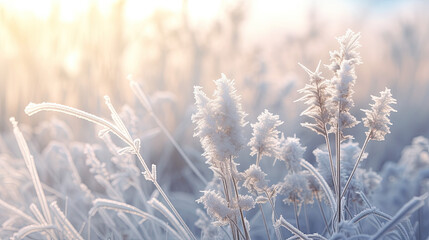 Beautiful winter background with a plants covered with hoarfrost - obrazy, fototapety, plakaty