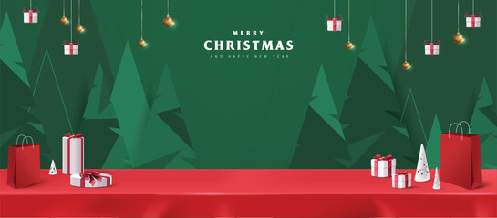 Merry Christmas banner red tablecloth product display with copy space and gift box decorate christmas tree abstract background