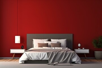 Beautiful modern bedroom with cozy mockup against a backdrop of vibrant red walls. Generative AI