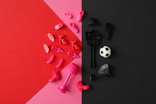 Black friday concept, miniature doll stuff, top view.