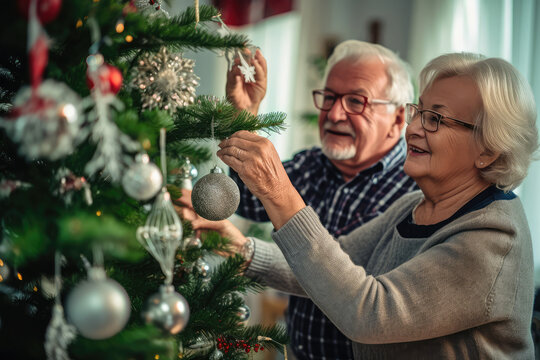 Mature Senior Happy Couple Decorating Christmas Tree At Home