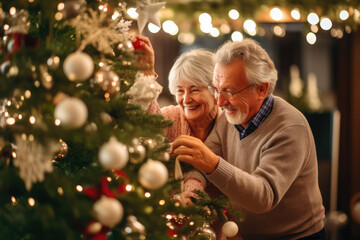 Mature senior happy couple decorating Christmas tree at home