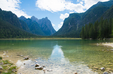 View of Toblacher See, (Italian: Lago di Dobbiaco) a lake in South Tyrol, Italy