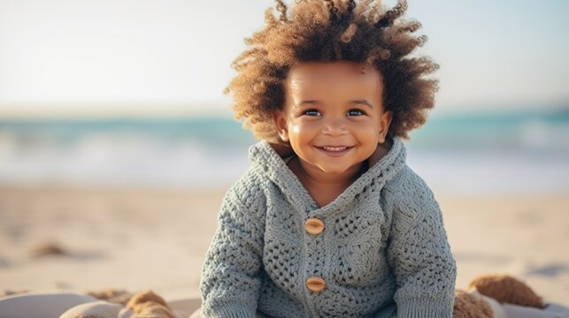 Photo of a black baby, color clothes, smiling, sitting on the beach near the sea