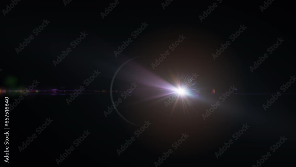 Poster loop glow multicolored optical flare light on black abstract background for screen project overlay. 