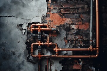 Plumbing pvc and copper pipes behind the damaged wall with a hole in it Generative AI