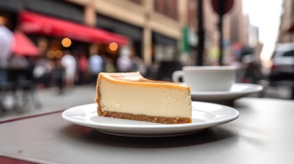 Slice of classic New York cheesecake on a white plate. Dessert in a cafe on the street. - obrazy, fototapety, plakaty