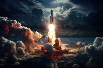 Spaceship rocket space shuttle takes off from the cosmodrome, flies off into space. - obrazy, fototapety, plakaty