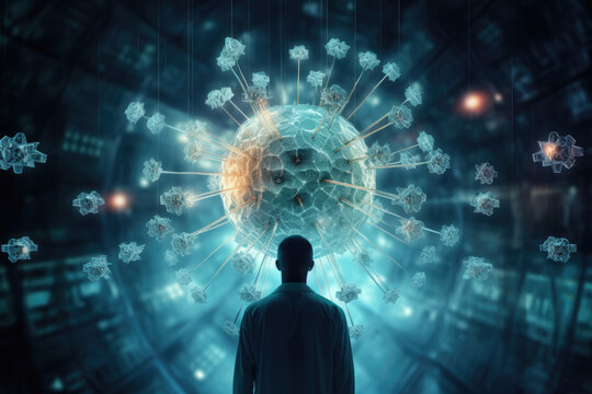 Man in front of a cancer cell model. Concept of cancer research, immunotherapy