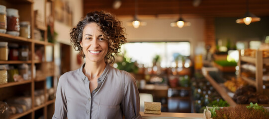 Portrait of a woman smiling alone in modern kitchen interior at home having fun enjoy freedom healthy lifestyle concept