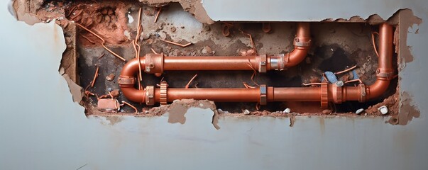 Plumbing pvc and copper pipes behind the damaged wall with a hole in it Generative AI