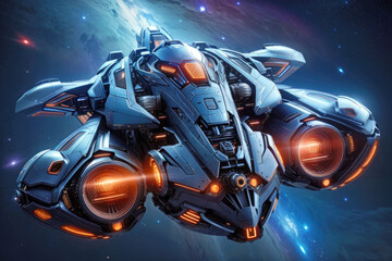 Realistic sleek futuristic alien spaceship flying in a nebula galaxy with engines roaring and lights glowing