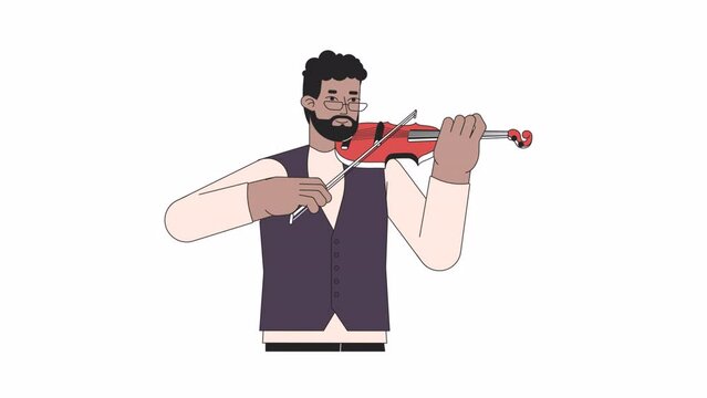 Violinist playing with violin bow line 2D character animation. Performing flat color cartoon 4K video, alpha channel. African american bearded man fiddle player animated person on white background