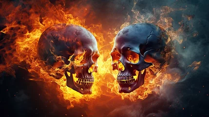 Afwasbaar Fotobehang Vuur two skulls in fire on black background.