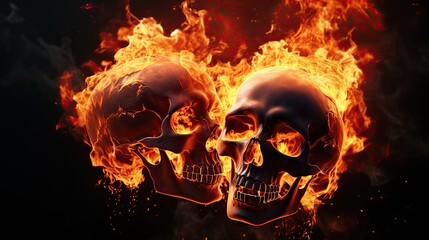 two skulls in fire on black background.