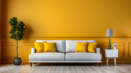 luxury white sofa on parquet floor in yellow tone - obrazy, fototapety, plakaty