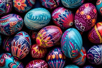 Fototapeta na wymiar Vibrant Easter Eggs: Colorful Murals on Blue