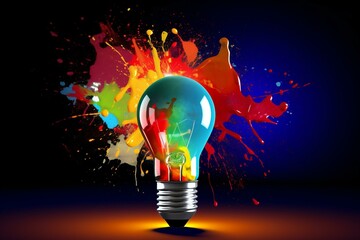 Artistic light bulb on colorful splash background. Symbolizing innovation and creativity. Generative AI - obrazy, fototapety, plakaty