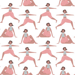 Cartoon young women in different yoga poses. Cute girls training in a sportswear. Healthy activity lifestyle wallpaper. Vector seamless texture.
