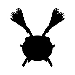 Logo con silueta de caldero de bruja sobre 2 escobas cruzadas para su uso en invitaciones y tarjetas de Halloween © teracreonte