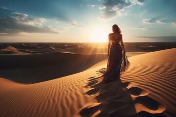 Woman dress sand dune. Fashion art. Generate Ai - Powered by Adobe