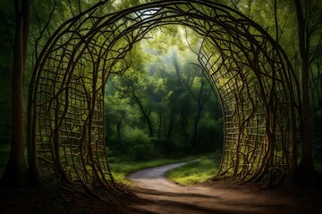 Natural archway shaped by branches in the forest