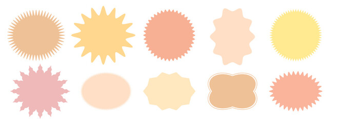 Set of Pastel colored star burst, sun rays vector icons. Colored stickers for price tag, sale.