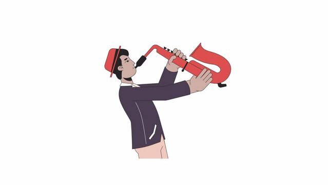 Indian young adult jazzman line 2D character animation. Saxophone player flat color cartoon 4K video, alpha channel. South asian male holding musical instrument animated person on white background