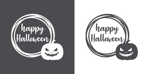 Logo con marco circular con líneas con silueta de calabaza de Halloween Jack O Lantern con letras palabra manuscrita happy Halloween para su uso en invitaciones y tarjetas © teracreonte