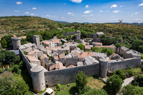 Aerial view of the french village of La Couvertoirade in L'Aveyron, Occitanie, France	