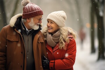 Senior couple walking outside in the winter park.