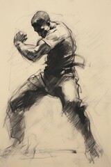 Rough charcoal sketch on old paper, muscular athlete