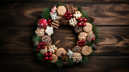 Christmas wreath made from cookies on wooden background. Merry Christmas sweet greeting card. Christmas Gingerbread holiday decoration with cookies, traditional dessert on wooden table.