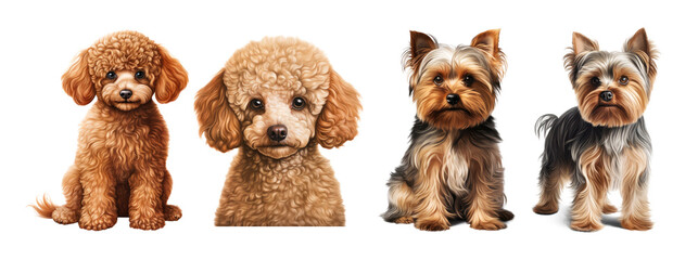 Poodle and yorkshire terrier dog, sitting and standing. Isolated on transparent background - obrazy, fototapety, plakaty