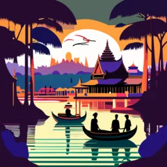 Poster Buddhist temple at sunset. Vector illustration in flat style. © wannasak