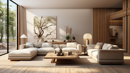 Fototapeta na wymiar Modern villa living room design interior, beige furniture, bright walls, hardwood flooring. ai