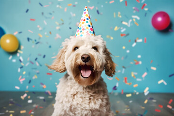 Happy cute dog wearing a party hat celebrates his birthday surrounded by falling confetti. Holiday banner. - obrazy, fototapety, plakaty