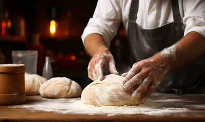 closeup focusing on a baker's hands as they skillfully knead the dough