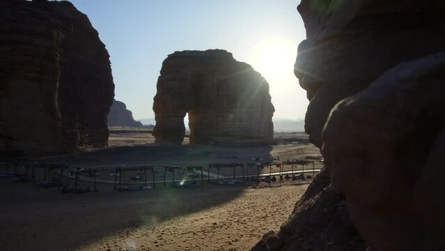Cinematic Shot Up Cliff Near Elephant Rock In Saudi Arabia - wide shot