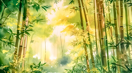 Fototapeta na wymiar watercolor style nature in the bamboo forest area