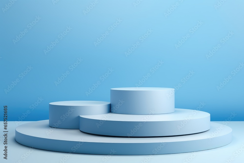 Poster minimalistic light blue background for product presentation with podiums