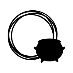 Logo con marco circular con líneas con silueta de caldero de bruja para su uso en invitaciones y tarjetas de Halloween