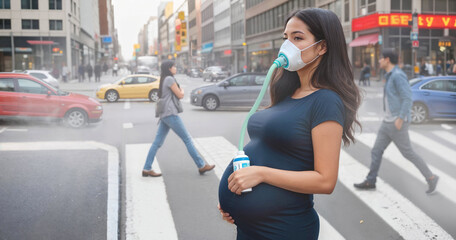 pregnant woman wearing an oxygen mask on city street, polluted air around her - obrazy, fototapety, plakaty