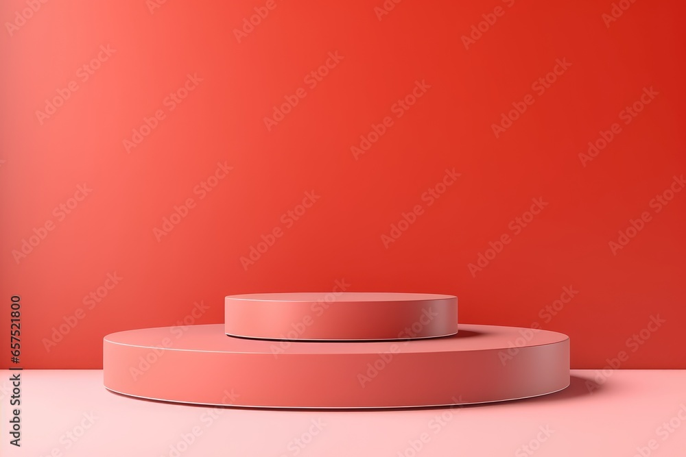 Poster minimalistic light red background for product presentation with podiums