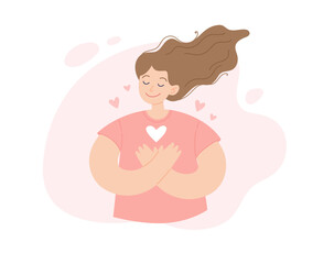 Self help concept. Young positive woman with her hand on the chest with heart, gratitude and peace. Vector illustration in simple style