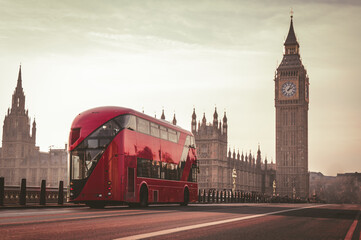 Classic Red Bus and Big Ben in London, United Kingdom.