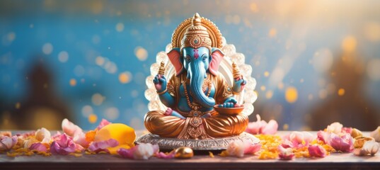 Blue Ganesha statue. Hindu god concept. Generative AI technology. - obrazy, fototapety, plakaty