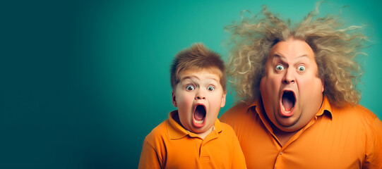 Funny father and son shouting hilariously with exaggerated astonished expressions, isolated on green background - 657522478