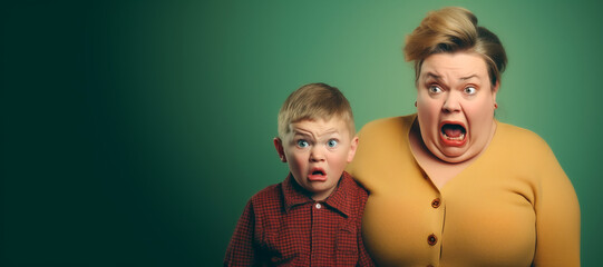 Mother and son with funny disgusted expressions, isolated on green background, funny family time